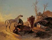 unknow artist Rastendes Beduinenpaar mit Araberpferden Spain oil painting artist